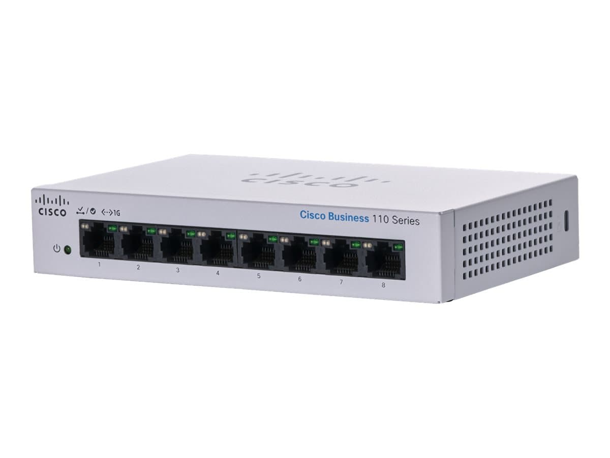 Cisco Business 110 Series 110-8T-D – Conmutador – sin gestionar – 8 x 10/100/1000 – sobremesa, montaje en rack, montaje en pared – alimentación cc